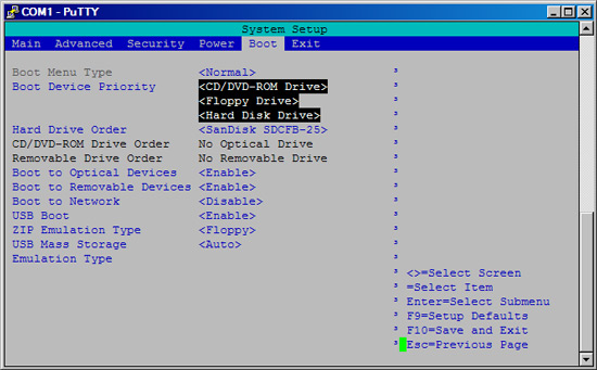 BIOS boot menu showing flash card.