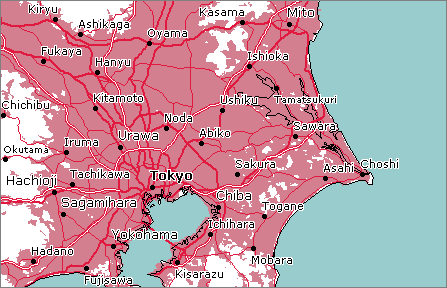 Coverage map of NTT DoCoMo's UMTS 2100 network in Tokyo.